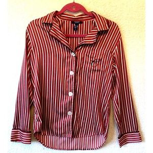 Chaps Womens Pajama Top  Small Red White Striped Button Up Long Sleeve Satin‎